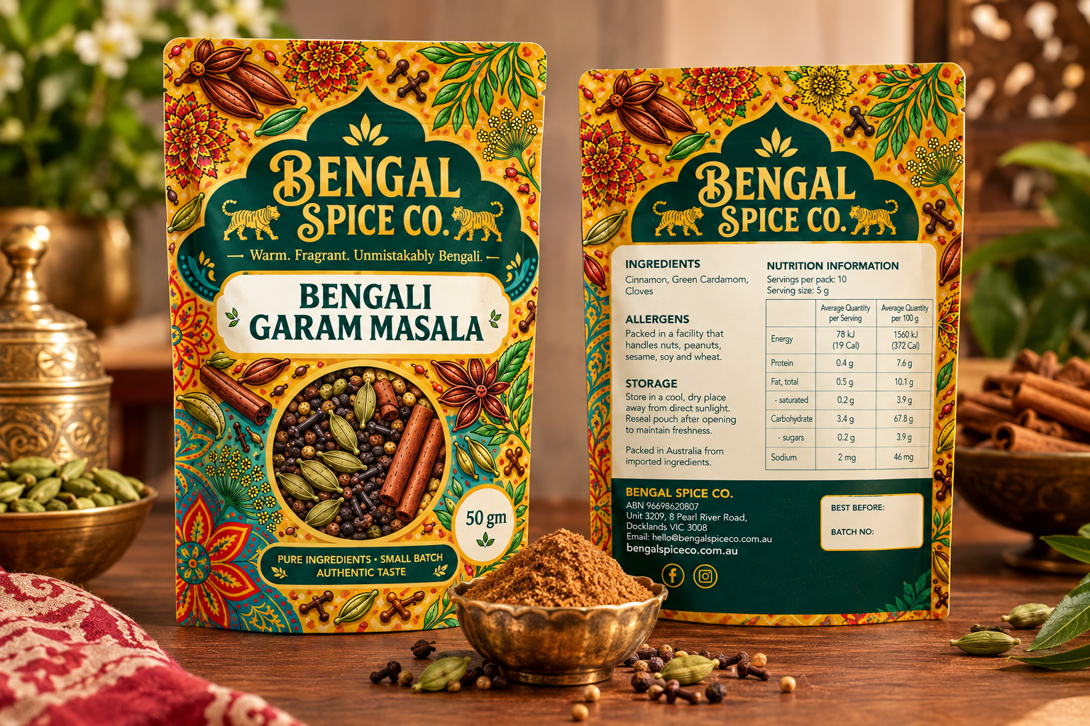 Bengali Garam Masala — pouch front, back and bowl
